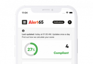 Mobile screen displaying the Alert65 app, showing a compliance score of 27%, last updated at 1:00 AM, with notifications and information on how the score is calculated.