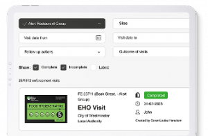 Screenshot of a digital interface displaying an EHO visit report for a restaurant group, including visit dates, follow-up actions, and completion status, with a focus on food hygiene ratings and local authority details.