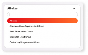 Dropdown menu displaying site options for Alert Group, including Aberdeen Union Square, Beek Street, Bluewater, and Canterbury Burgate.